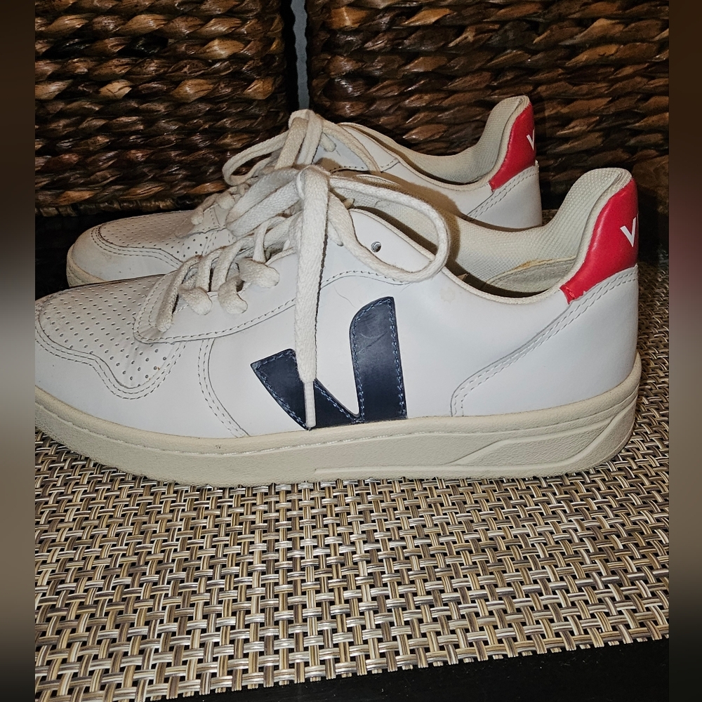 Veja White and Navy Sneakers with Red Accents